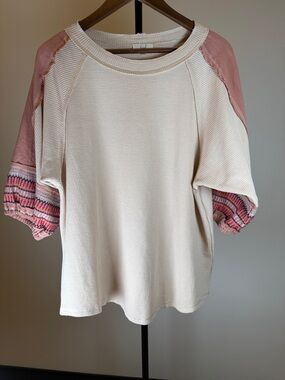 EASEL Boho Waffle Knit Top with Embroidered Puff Sleeves - Size L